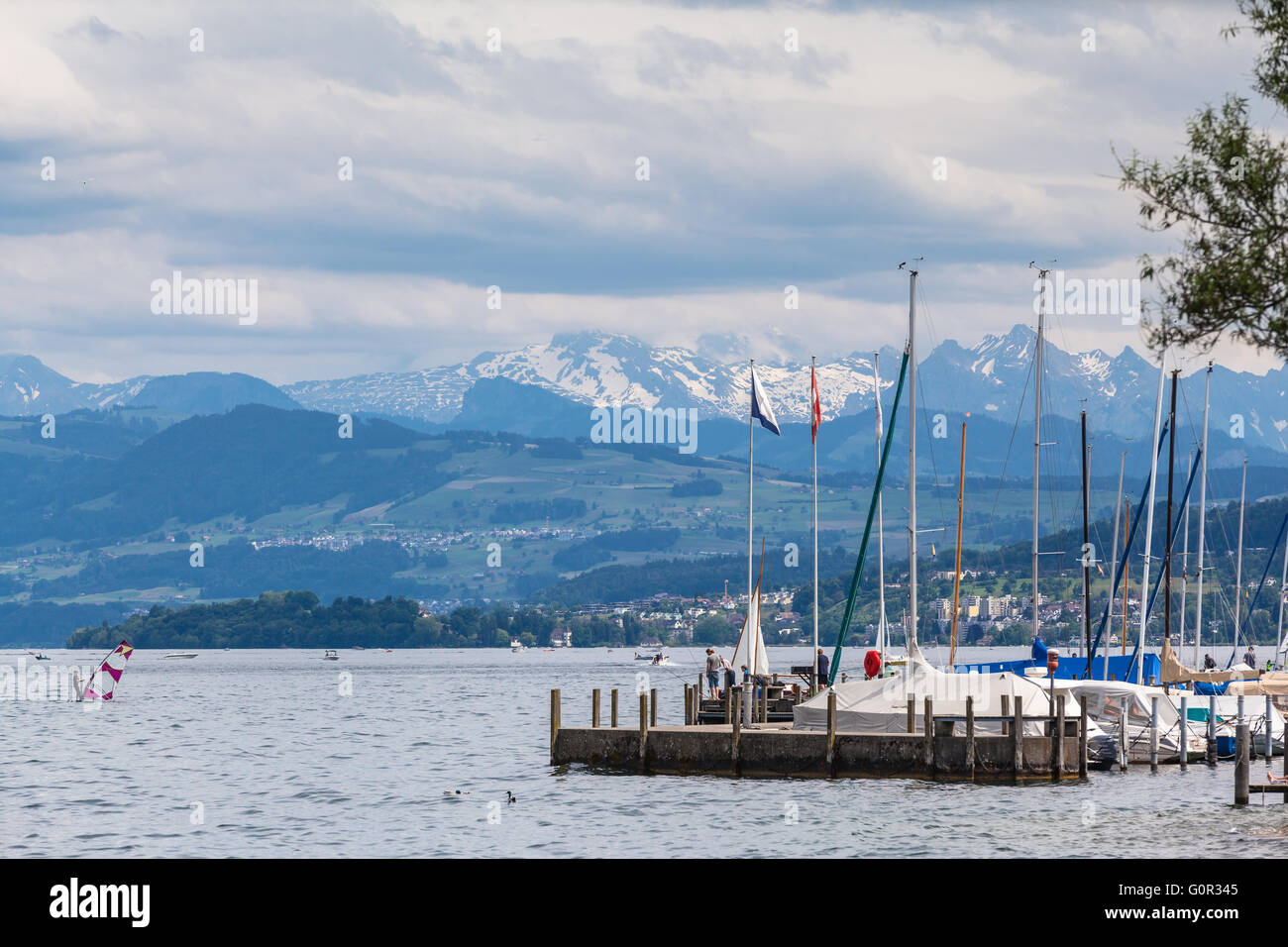 Vista panoramica del lago di Zurigo con le alpi svizzere in background, Svizzera Foto Stock