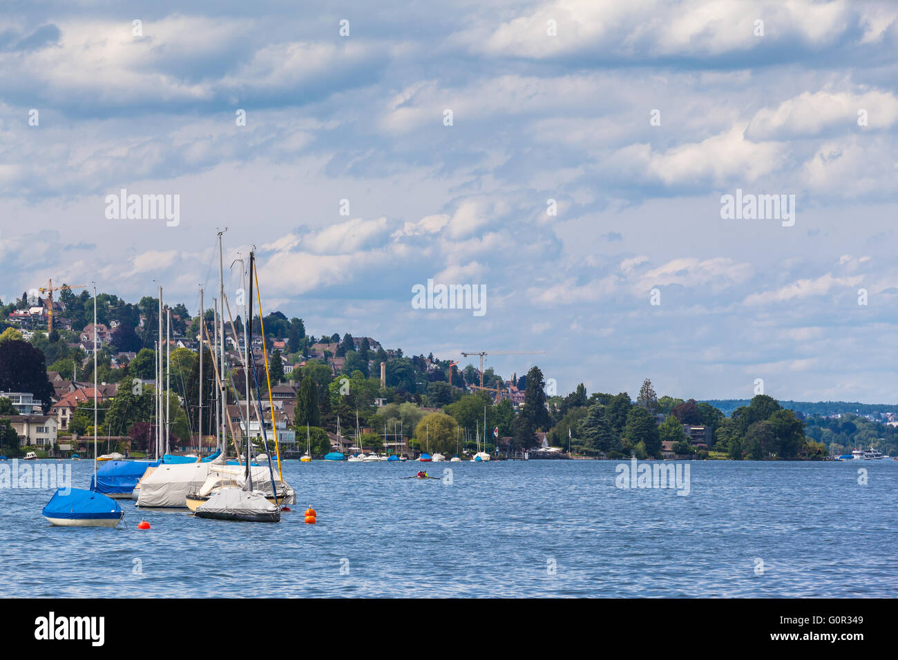 Vista panoramica del lago di Zurigo con edifici residenziali in background. Foto Stock