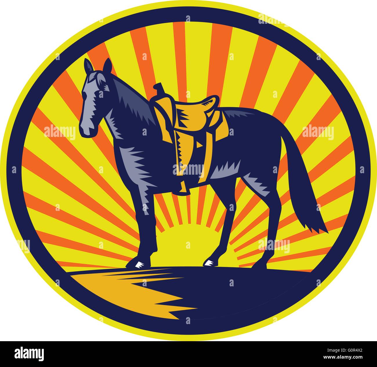 Illustrazione di un riderless horse con il vecchio stile western sella sulla recinzione ranch imposta all'interno di forma ovale con sunburst in fatto di sfondo rétro xilografia stile. Illustrazione Vettoriale