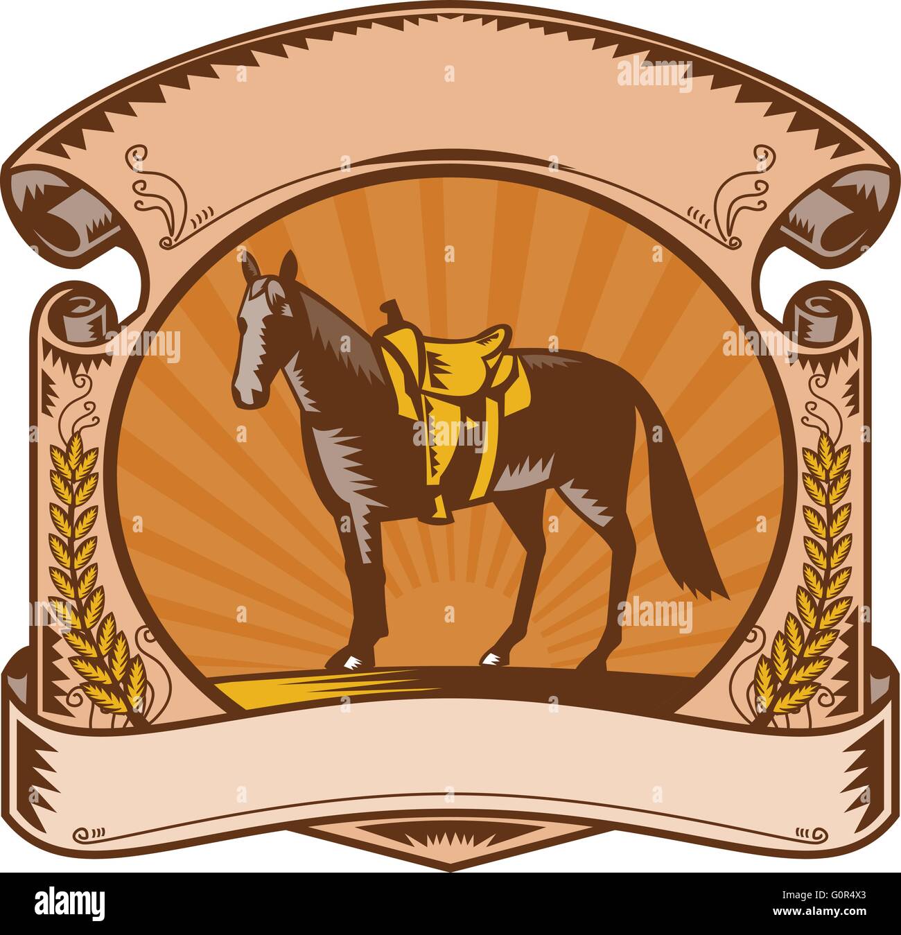 Illustrazione di un riderless horse con il vecchio stile western sella sulla recinzione ranch imposta all'interno di forma ovale con rotellina di scorrimento e foglie di alloro e sunburst in fatto di sfondo rétro xilografia stile. Illustrazione Vettoriale