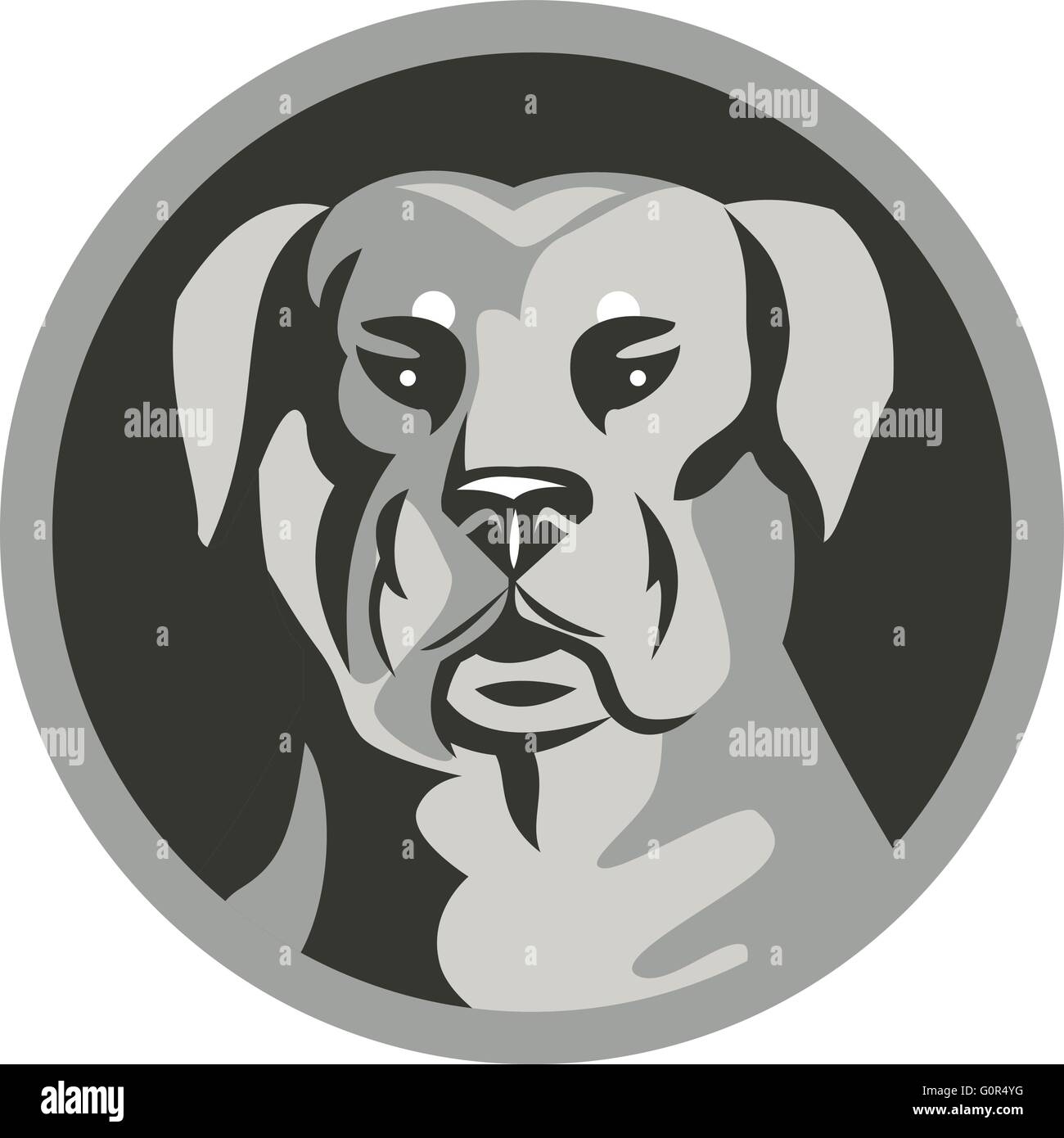 Bianco e nero illustrazione di un rottweiler Metzgerhund mastiff-cane cane da guardia capo visto dal set anteriore cerchio interno fatto in stile retrò. Illustrazione Vettoriale