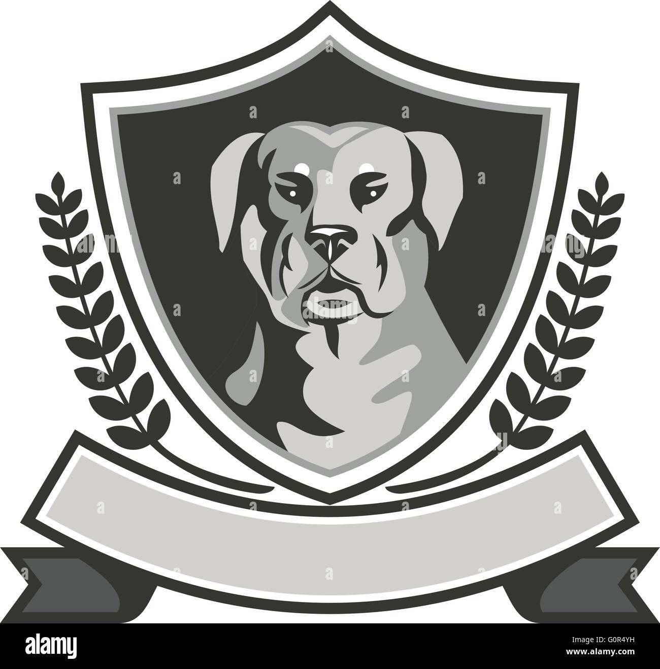 Bianco e nero illustrazione di un rottweiler Metzgerhund mastiff-cane cane da guardia capo visto dal set anteriore all'interno della protezione cresta con foglie di alloro e nastro fatto in stile retrò. Illustrazione Vettoriale