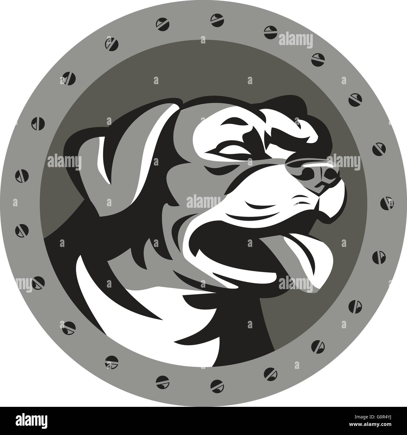 Stile metallico illustrazione di un rottweiler Metzgerhund mastiff-cane cane da guardia testa guardando al lato impostato all'interno del cerchio con viti fatto in stile retrò. Illustrazione Vettoriale