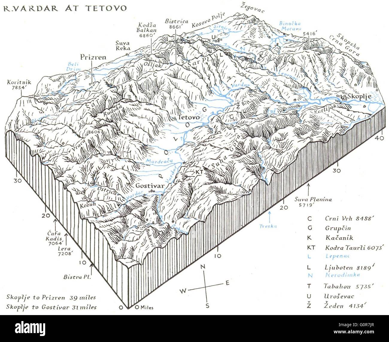 MACEDONIA: diagramma superiore del fiume Vardar sistema, 1944 Vintage map Foto Stock