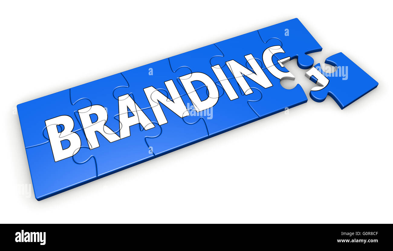Branding aziendale sviluppo e brand marketing concetto con la parola su un puzzle blu 3D illustrazione isolato su bianco. Foto Stock