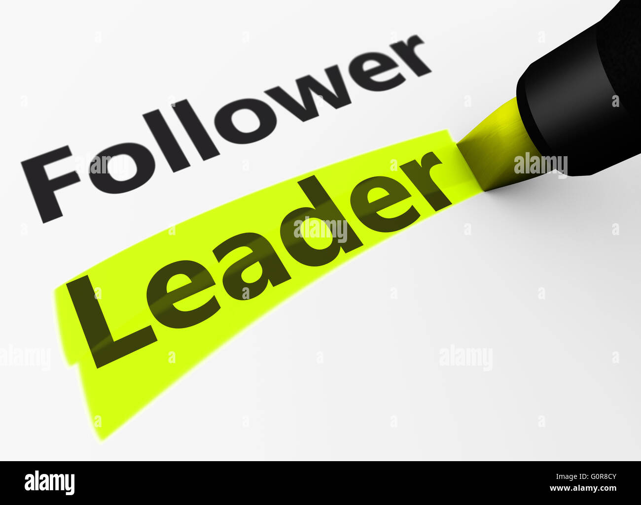 La leadership aziendale concetto con un rendering 3D di un seguace e leader la parola e il testo evidenziato con un indicatore giallo. Foto Stock