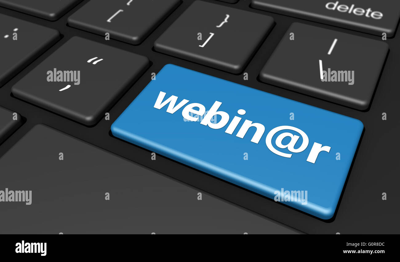 Elearning formazione online e il concetto di officina con segno di webinar e word su un computer blu tasto 3D'illustrazione. Foto Stock