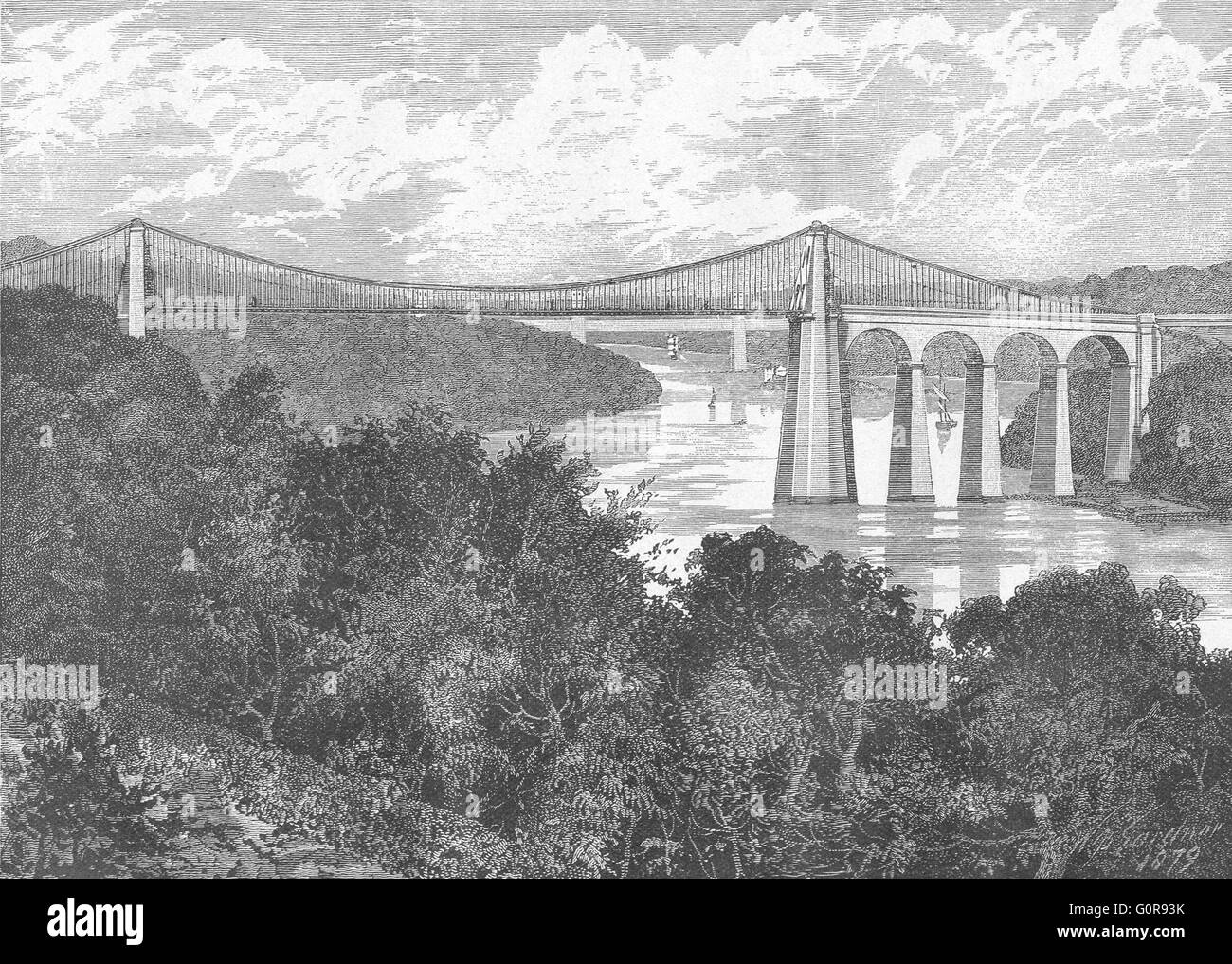 Galles: Menai Straits: ponte di sospensione, antica stampa 1898 Foto Stock