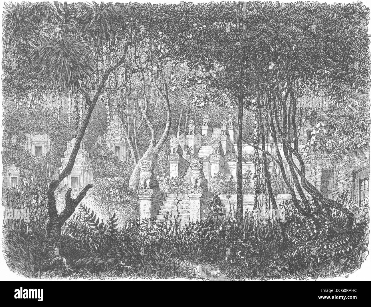 Cambogia: Rovine a Mount Bakheng, antica stampa 1880 Foto Stock