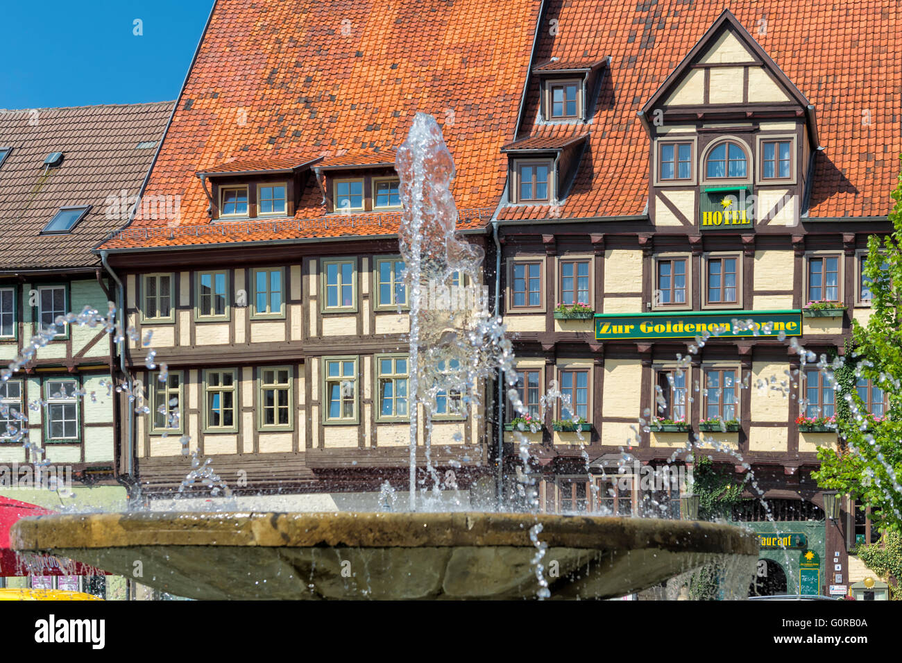 Tipiche case a graticcio, Quedlinburg, Harz, Sassonia-Anhalt, Germania, Patrimonio Mondiale dell Unesco Foto Stock