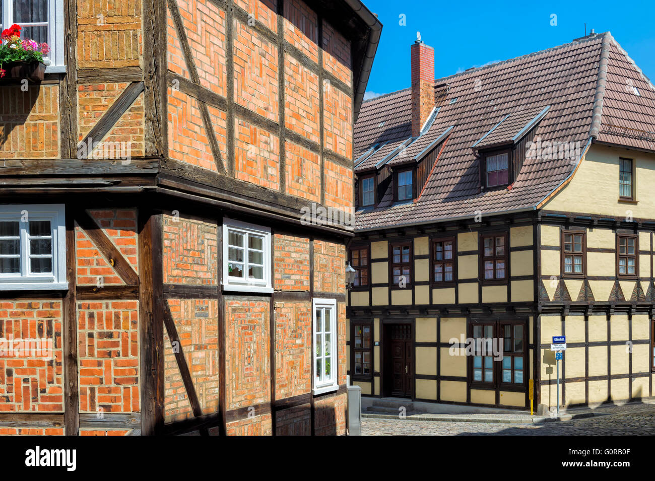 Tipiche case a graticcio, Quedlinburg, Harz, Sassonia-Anhalt, Germania, Patrimonio Mondiale dell Unesco Foto Stock