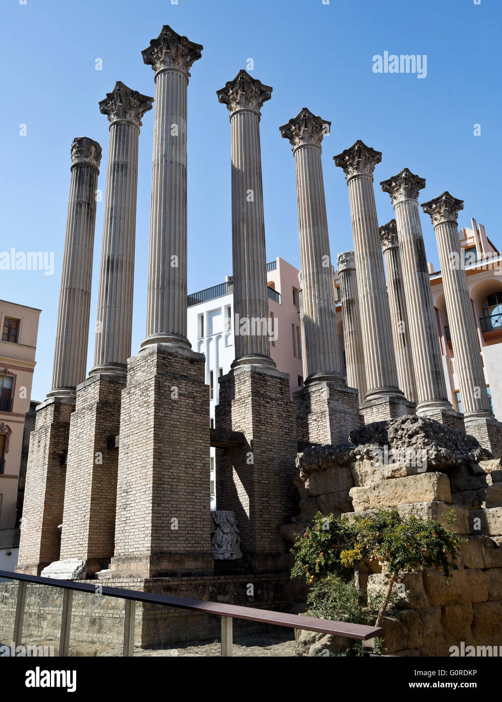 Basi e colonne di ordine corinzio tempio romano a Cordoba, Spagna Foto Stock