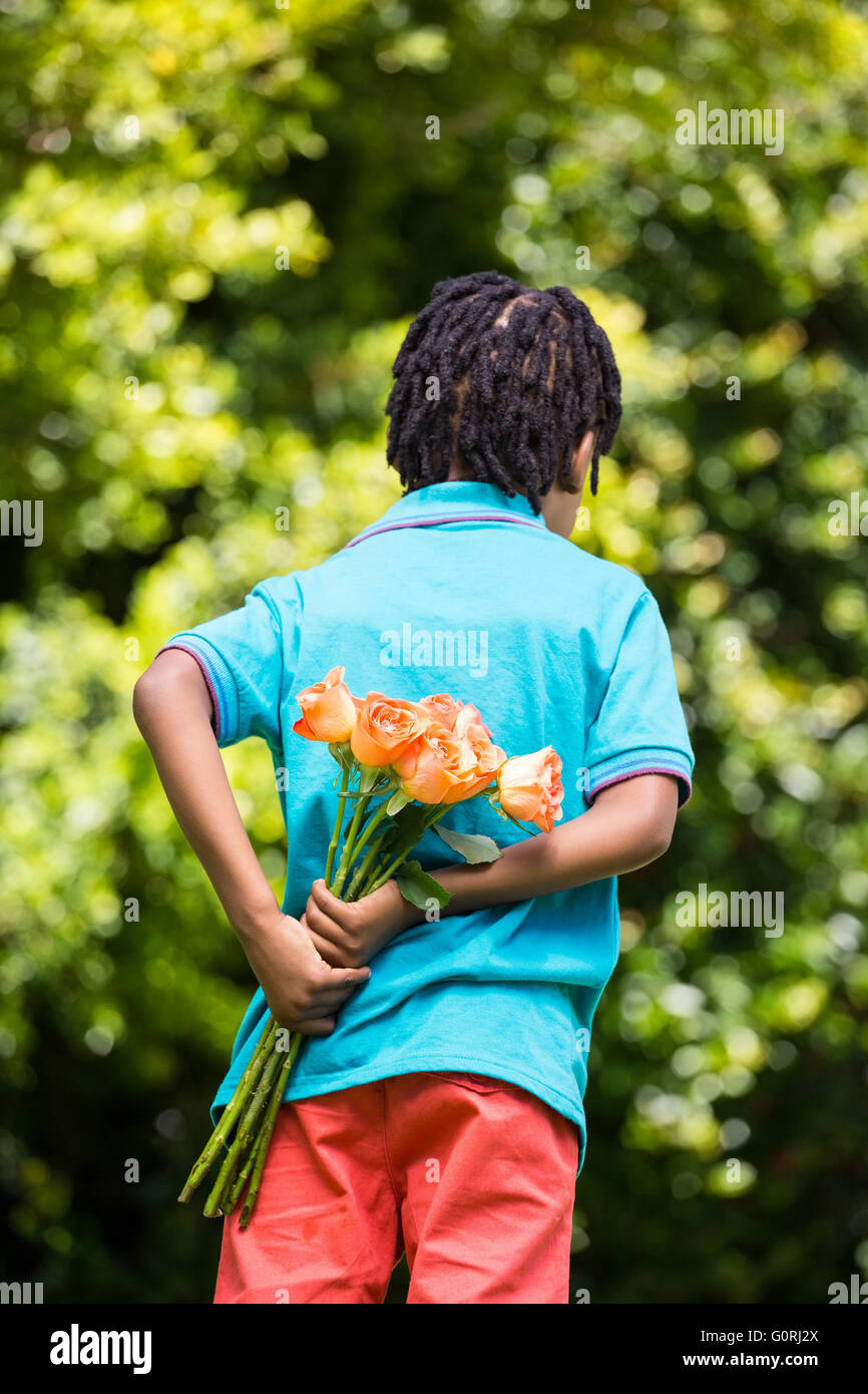 Vista posteriore di un ragazzo nascosto bouquet dietro indietro Foto Stock