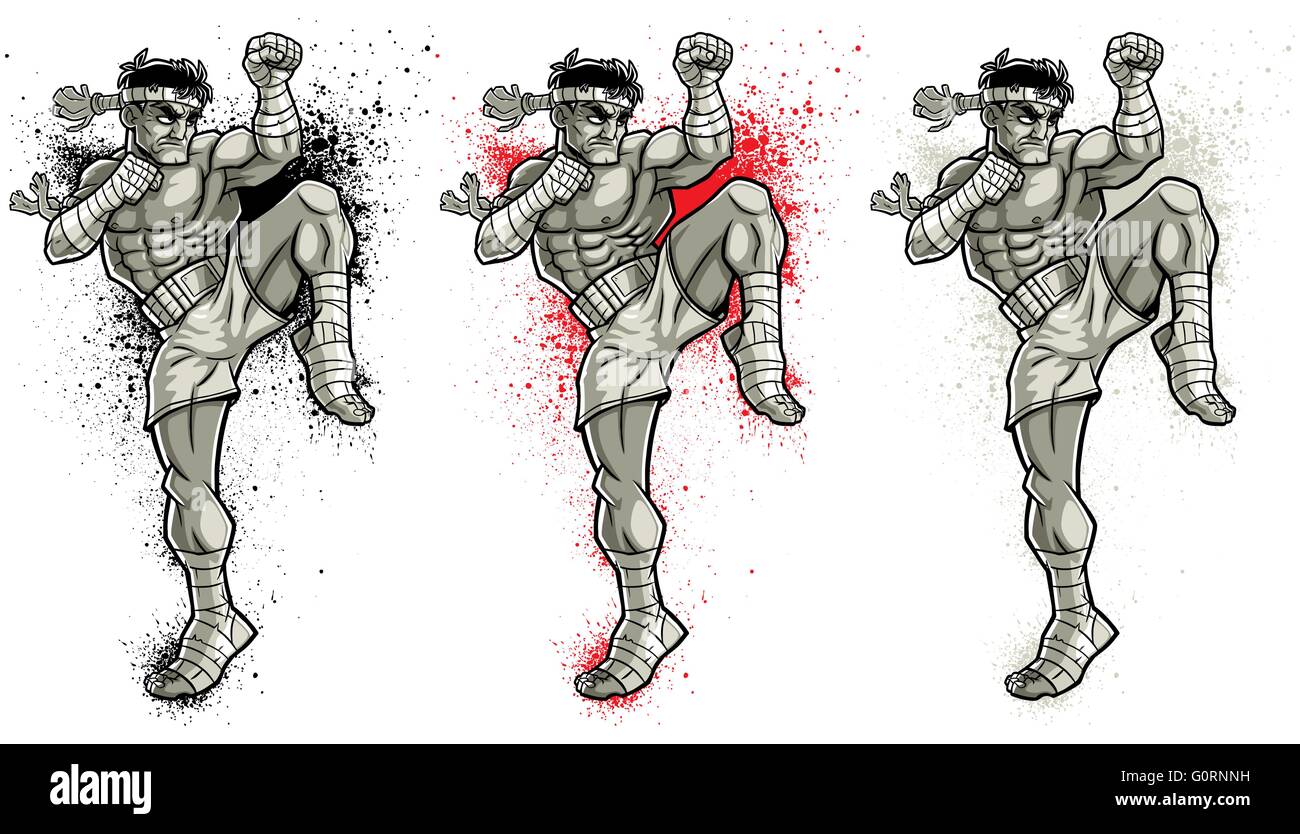 Illustrazione di Muay Thai fighter in 3 versioni di colore. Illustrazione Vettoriale