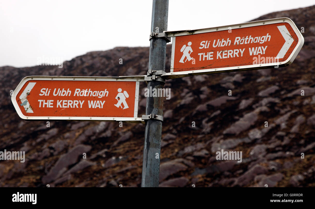 Confondendo Irish cartello stradale nella Contea di Kerry Foto Stock