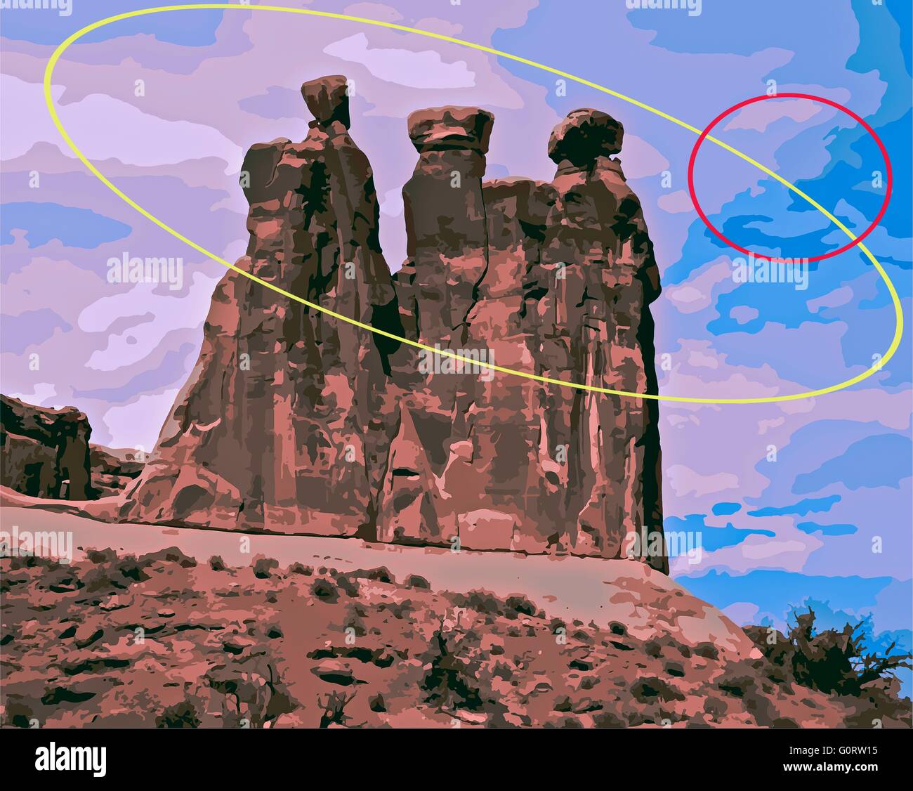 Tre pettegolezzi, Parco Nazionale Arches formazioni rocciose , affacciato sul paesaggio con cerchi colorati linee. Foto Stock