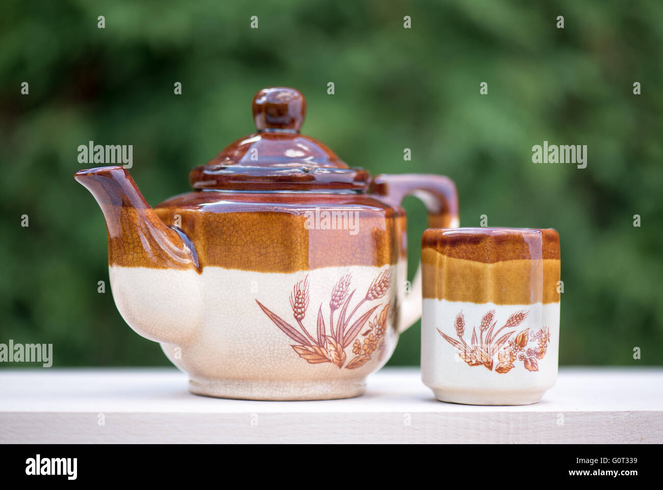 Teiera con tazza di tè esteriormente Foto Stock