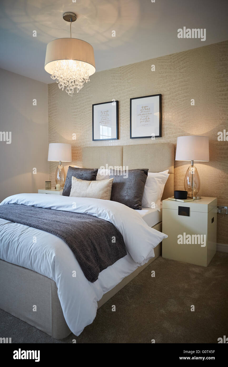 Visualizza home interno camera da letto principale crema adulti magnolia stampare sfondo spazio calmo Suburban suburbia sobborghi villaggio città loca Foto Stock
