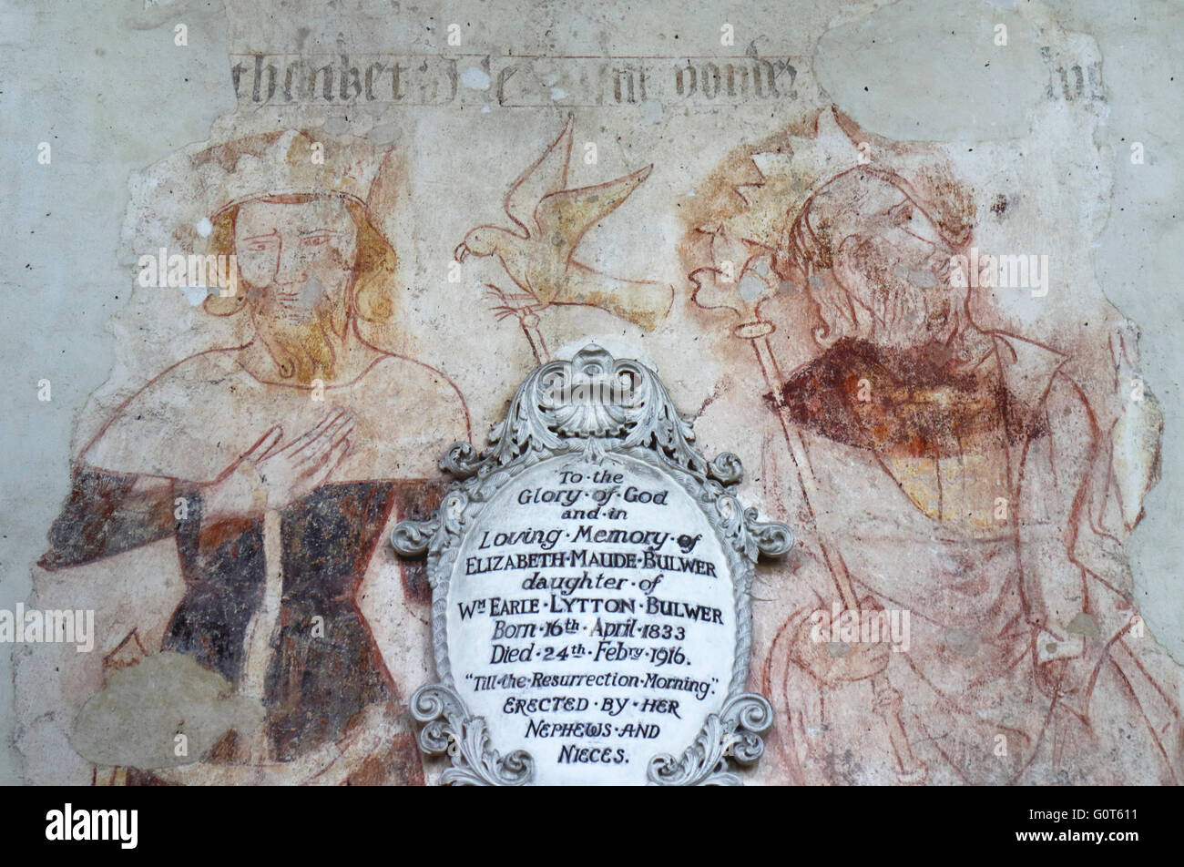 Dettaglio di un rivelato pittura murale medioevale nella chiesa parrocchiale dei SS Pietro e Paolo a Heydon, Norfolk, Inghilterra, Regno Unito. Foto Stock