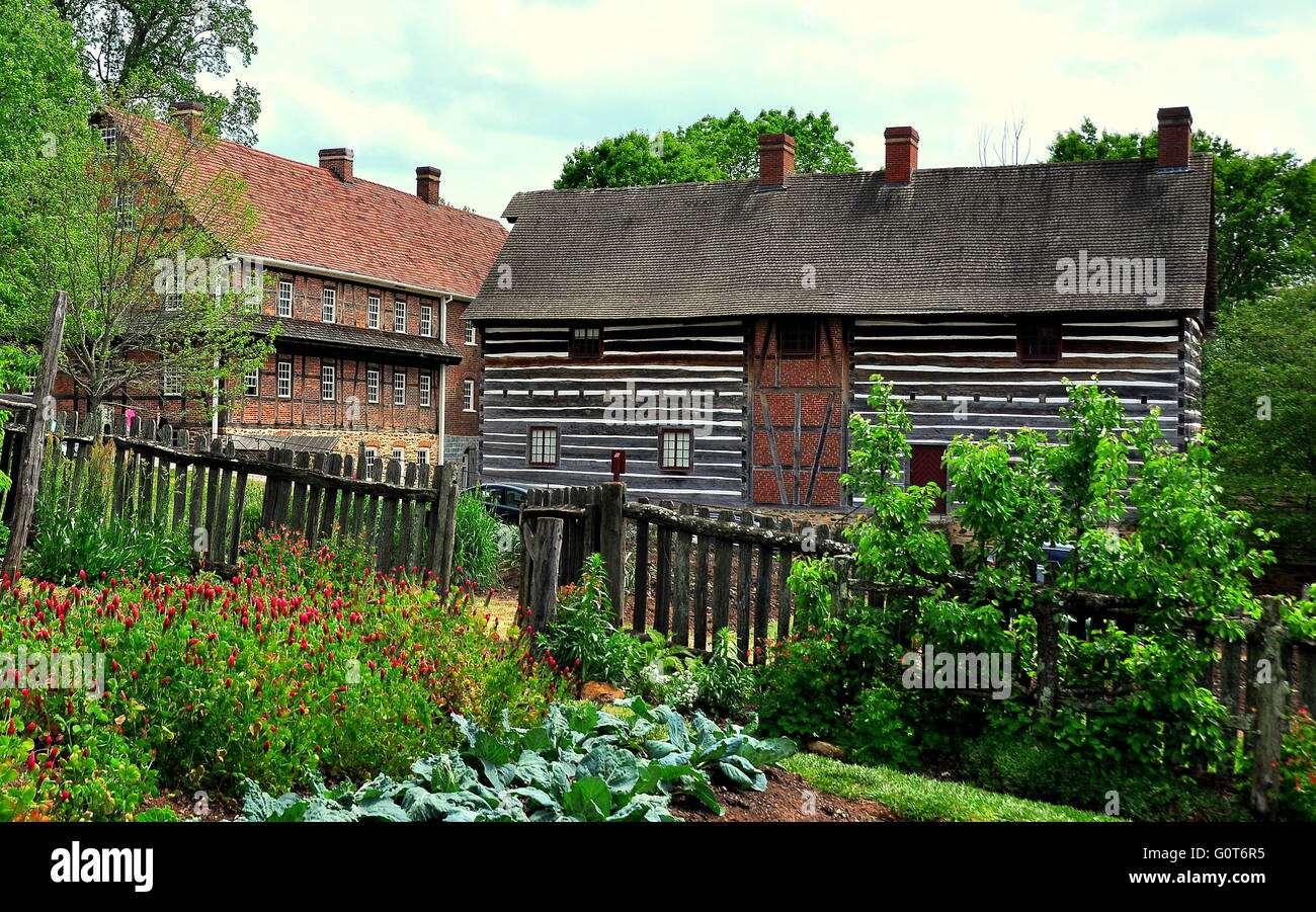 Vecchia Salem, North Carolina: Miksch House Gardens e vista unica del Fratello casa (sinistra) e fienile Fachwerk * Foto Stock