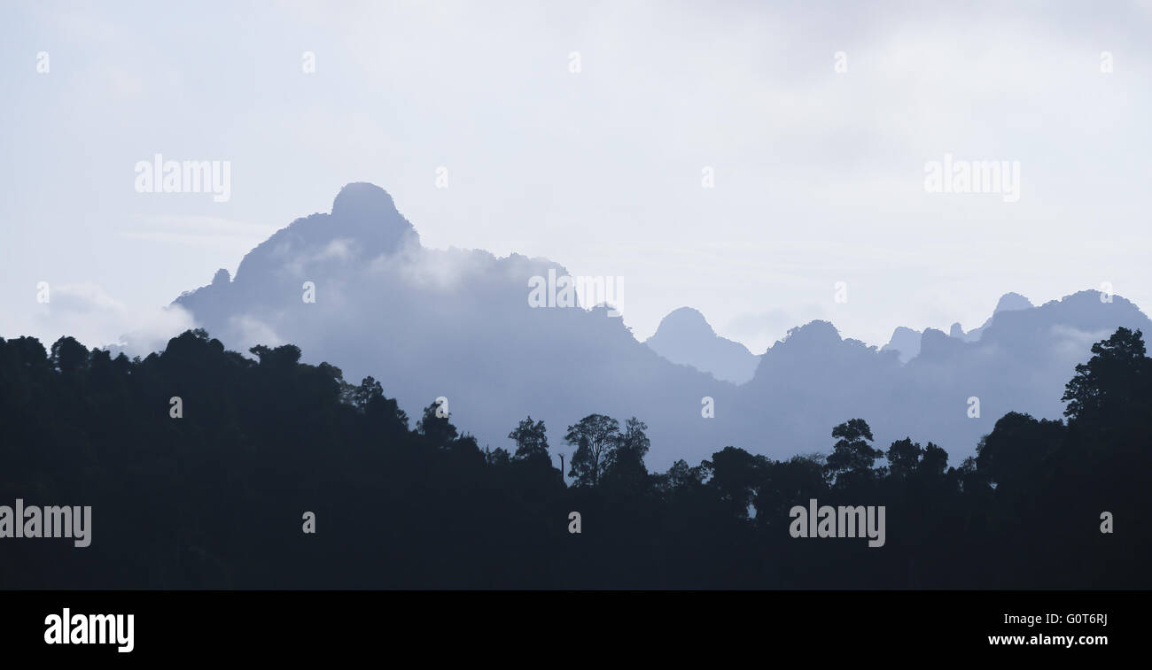 Sfondo grigio di montagna nel bosco tropicale piovosa in Thailandia con foresta scura in primo piano Foto Stock