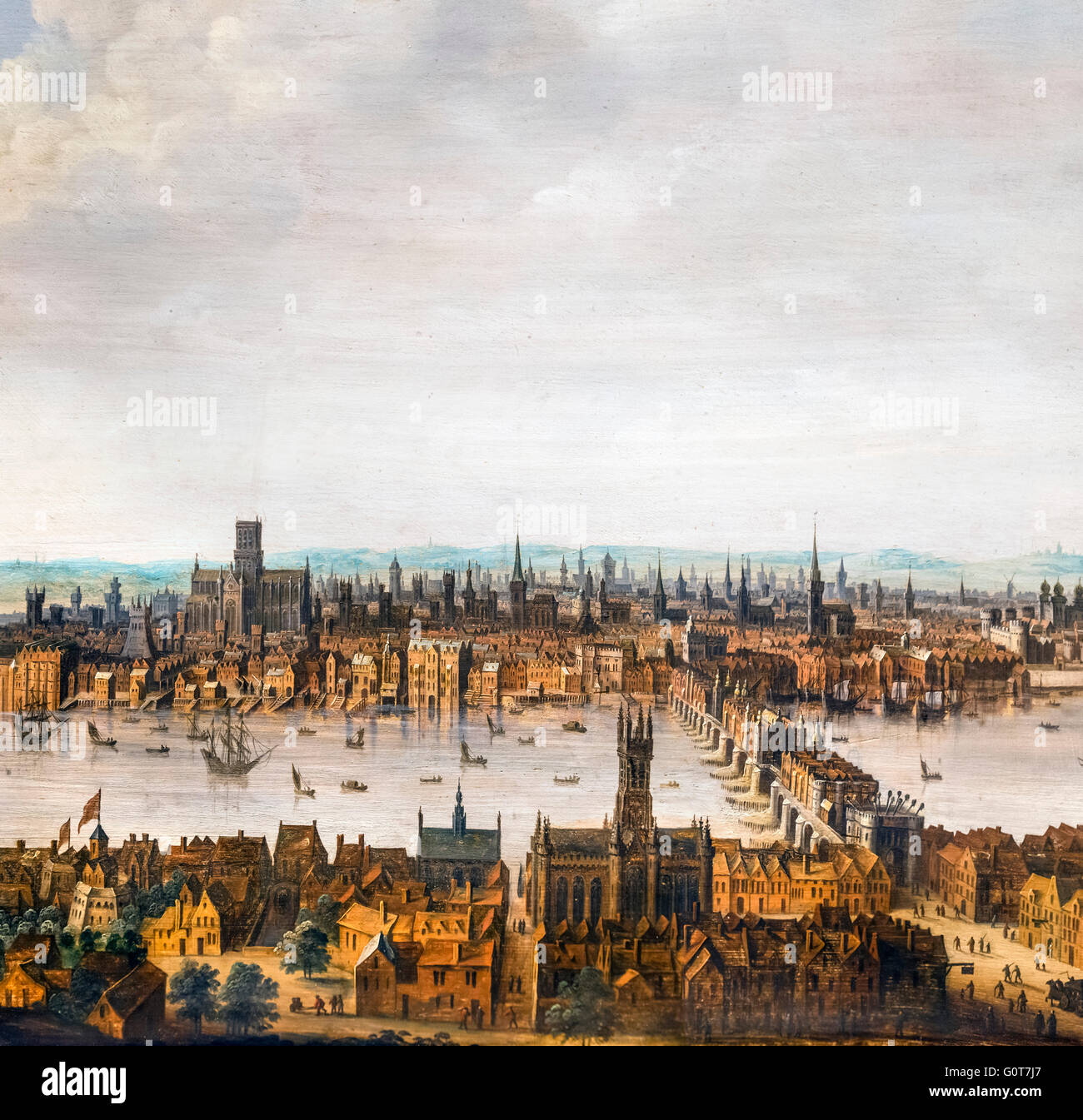 Londra da Southwark, c.1630. Old London Bridge è in primo piano a destra e la vecchia cattedrale di St Paul sullo skyline di sinistra. Questo è uno dei pochi rimanenti immagini che mostrano la città prima del grande incendio. Olio su pannello, scuola olandese non firmati o datata. Foto Stock