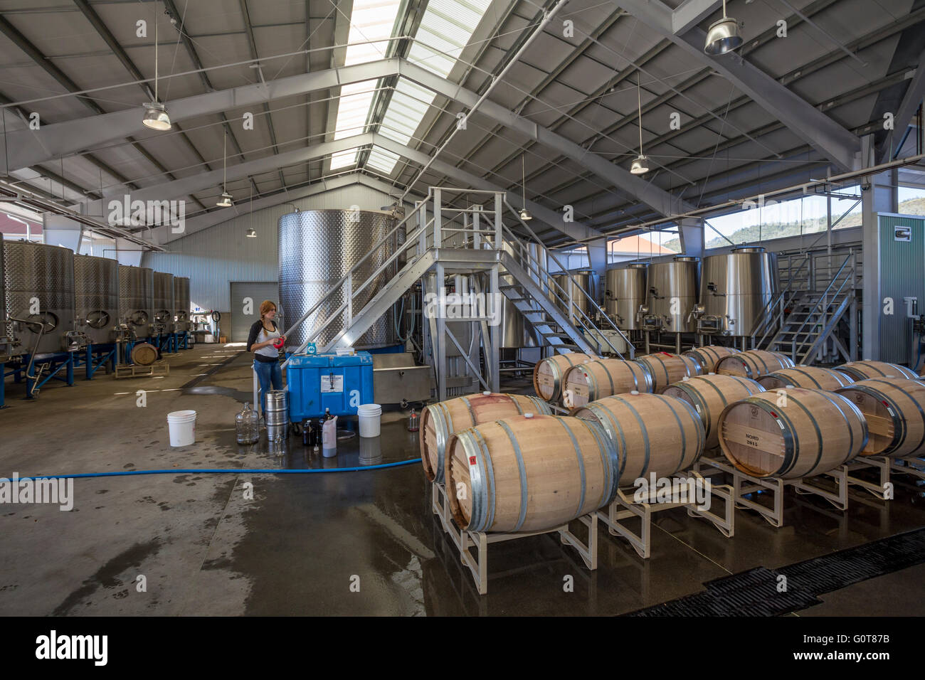 Lavoratore rabbocco di botte di vino nella zona di fermentazione al rammendo cantina di parete lungo silverado trail nella valle di Napa California Foto Stock