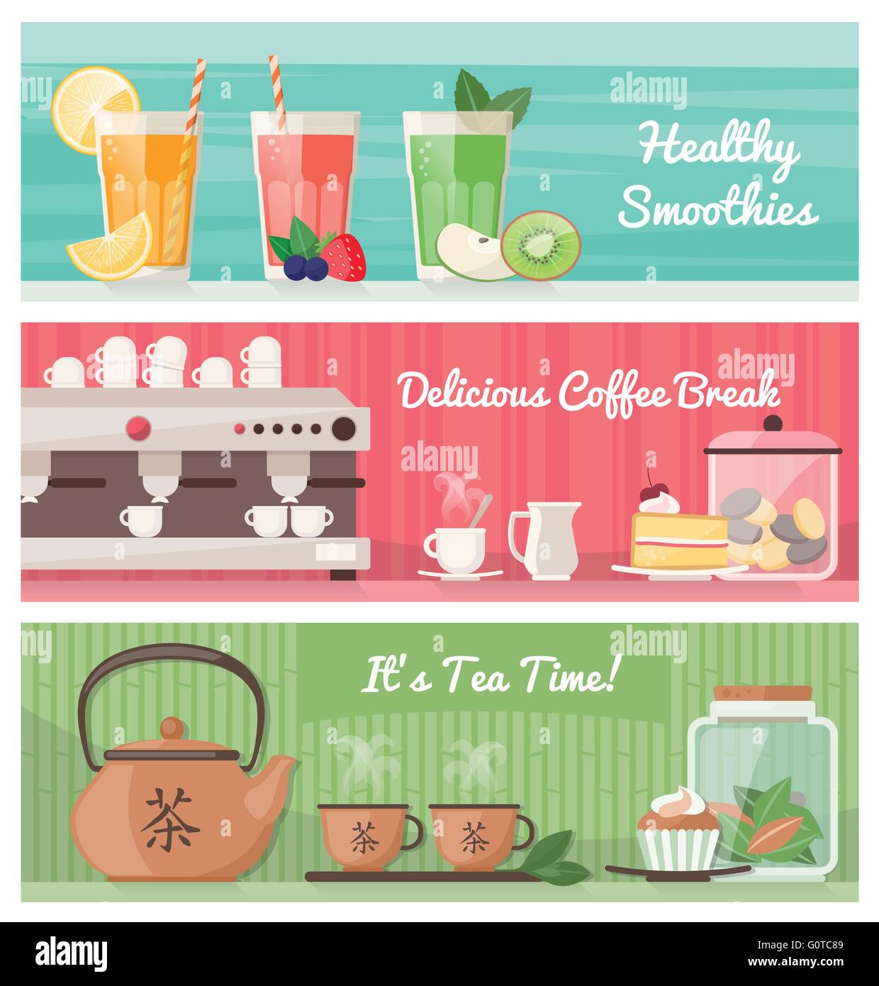 I frullati, caffè e tè, bevande salutari e gustosi snack set di banner con testo Illustrazione Vettoriale