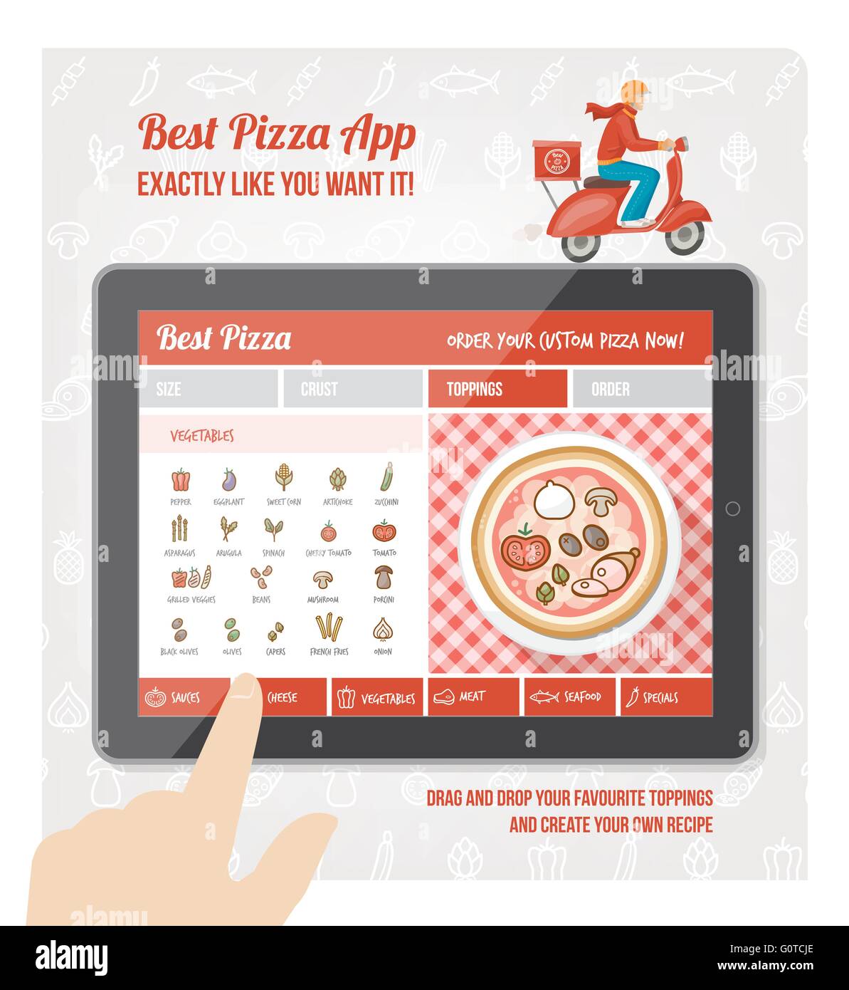 La pizza migliore app interface design con ingrediente e icone sul display tablet Illustrazione Vettoriale