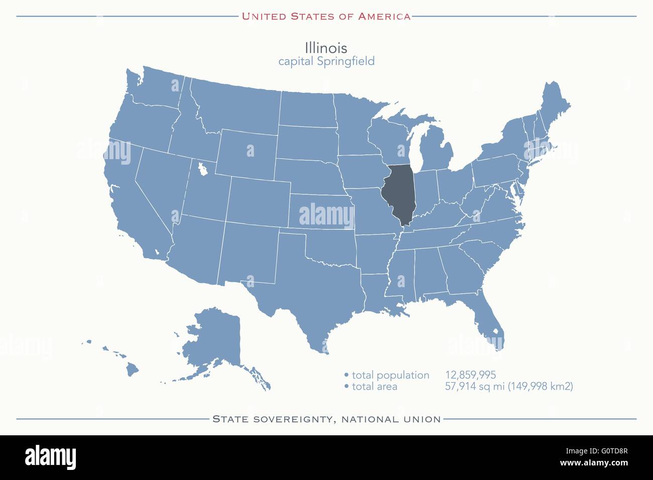 Stati Uniti d'America isolata e mappa Illinois State territorio. vettore politico USA mappa geografica design banner Illustrazione Vettoriale