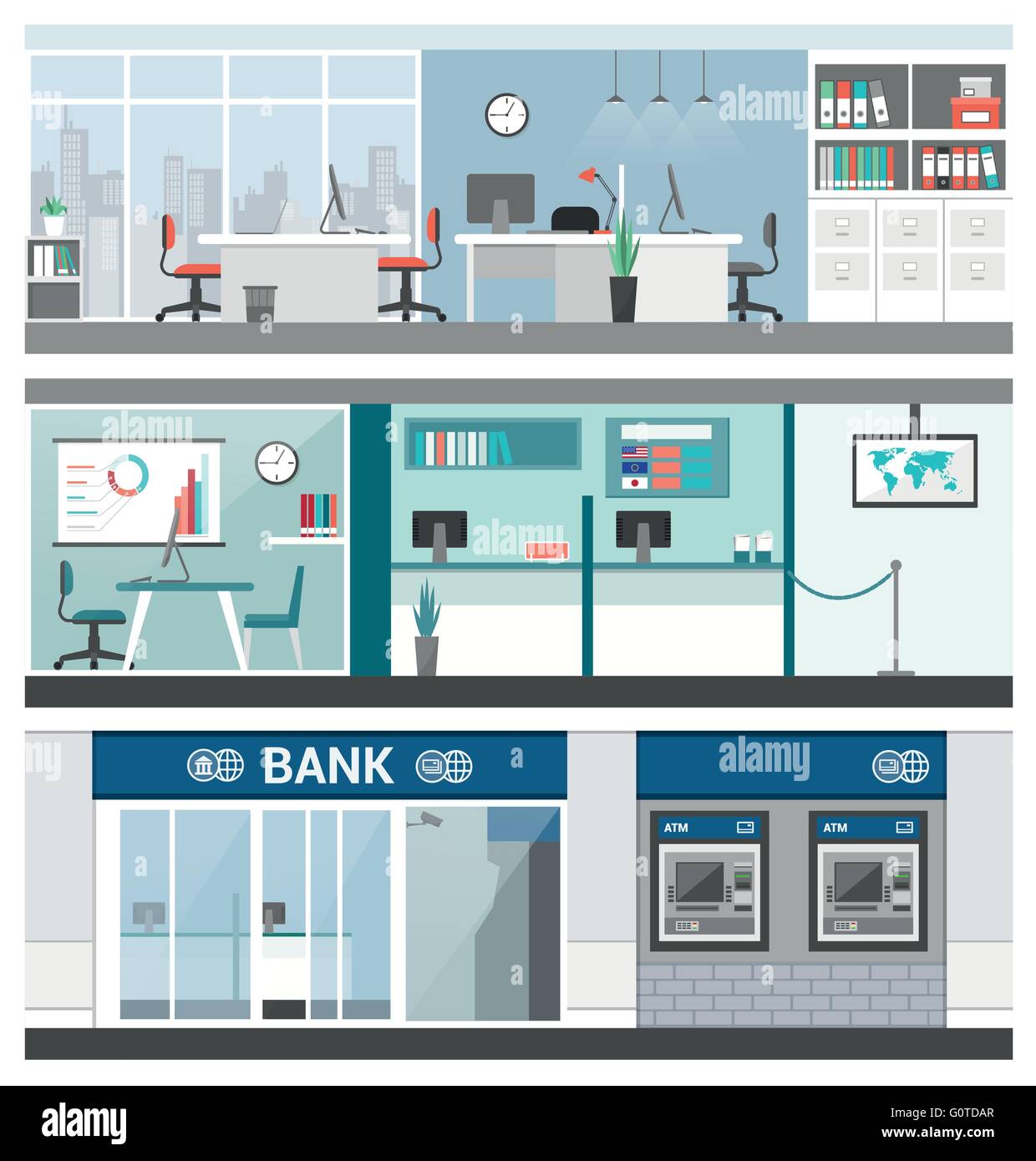 Banca e Finanza banner impostato, ufficio assistenza clienti, atm e la ricezione Illustrazione Vettoriale