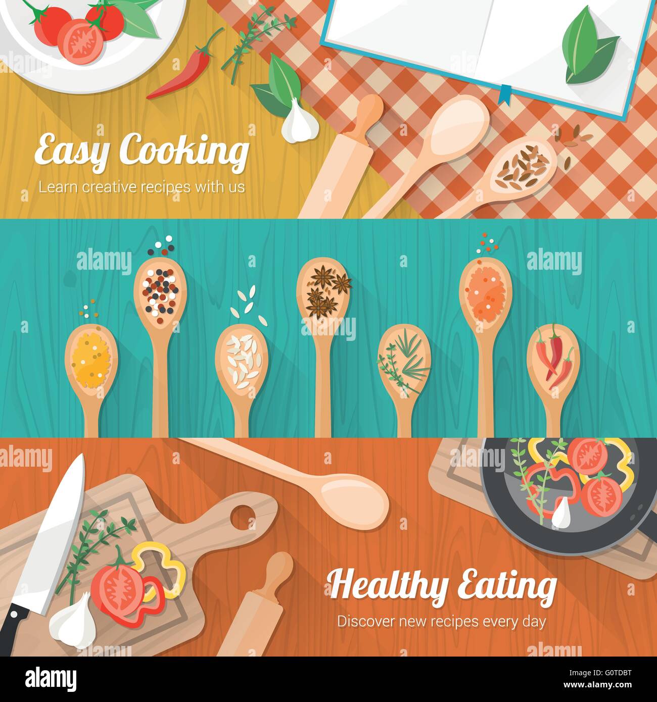 Il cibo e la cucina set di banner con utensili da cucina, le spezie e le verdure sul tavolo di legno del piano di lavoro Illustrazione Vettoriale
