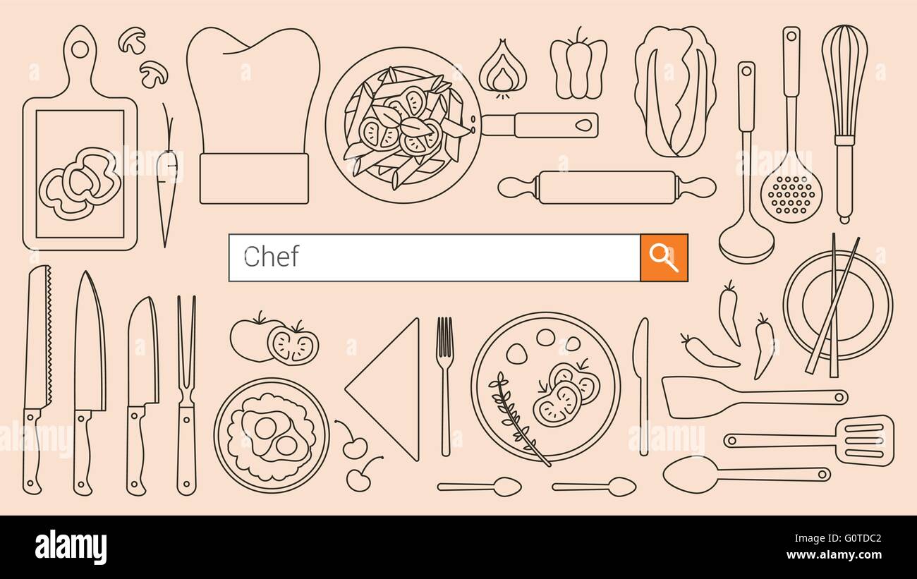 Lo chef, ristorante di cucina e di banner con barra di ricerca, linea sottile oggetti e set di strumenti Illustrazione Vettoriale
