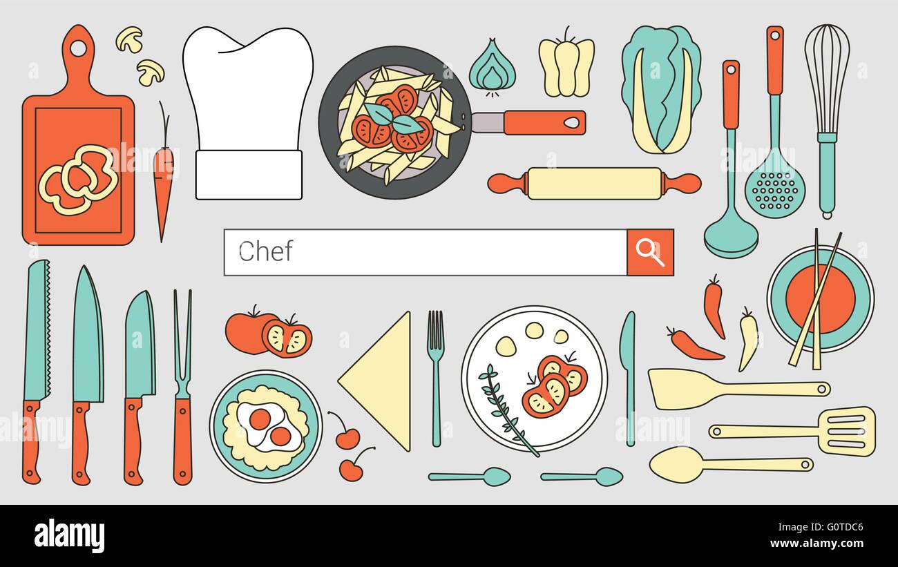 Lo chef, ristorante di cucina e di banner con barra di ricerca, linea sottile oggetti e set di strumenti Illustrazione Vettoriale