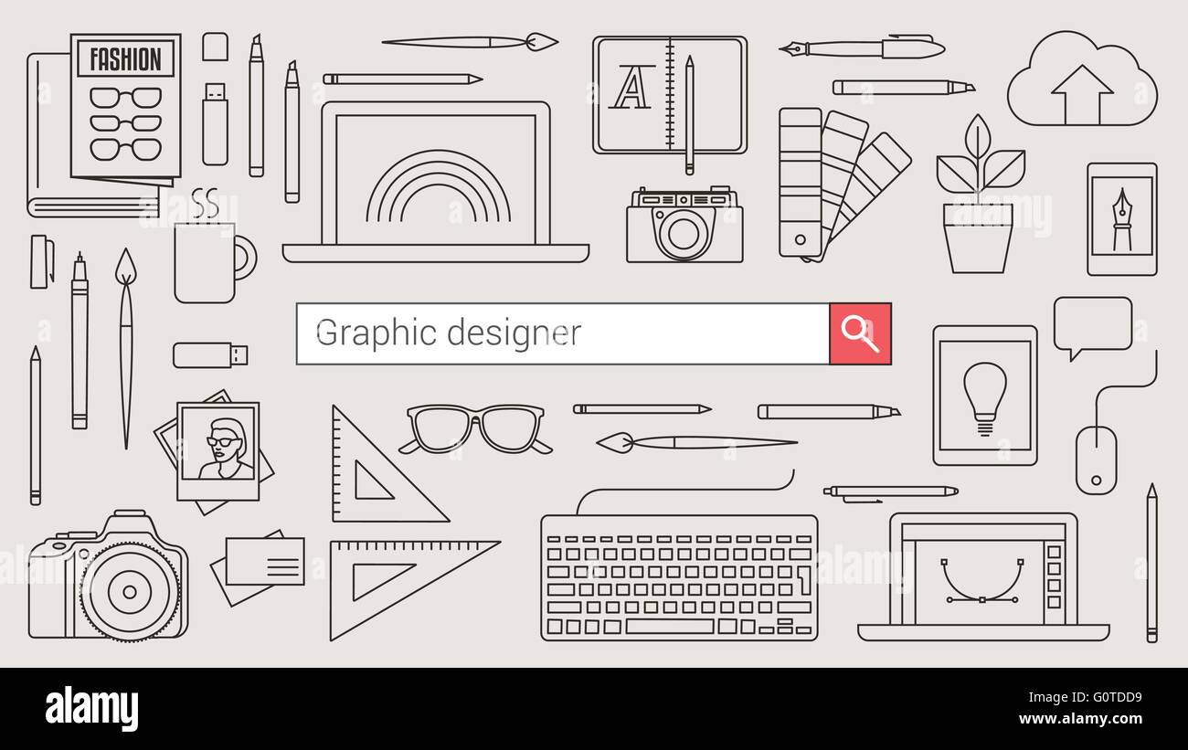 Graphic designer e illustratore e fotografo banner con la barra di ricerca e la linea sottile gli strumenti e gli oggetti su un computer desktop Illustrazione Vettoriale