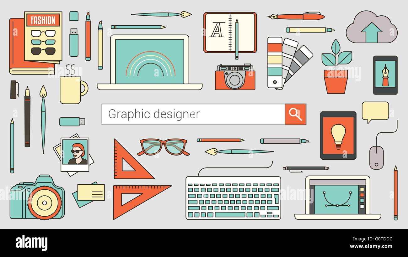 Graphic designer e illustratore e fotografo banner con la barra di ricerca e la linea sottile gli strumenti e gli oggetti su un computer desktop Illustrazione Vettoriale