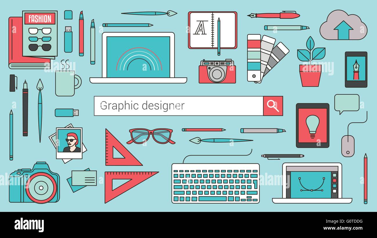 Graphic designer e illustratore e fotografo banner con la barra di ricerca e la linea sottile gli strumenti e gli oggetti su un computer desktop Illustrazione Vettoriale