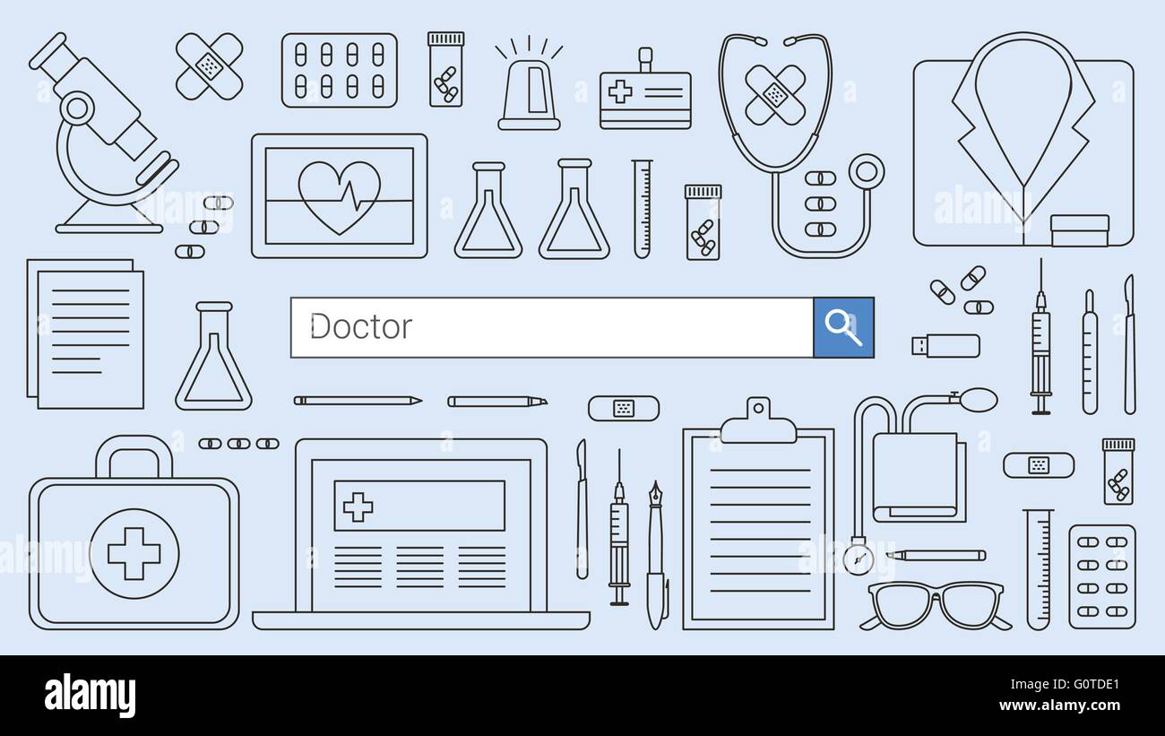 Professional medico e sanitario banner con barra di ricerca, linea sottile oggetti e attrezzature mediche su un computer desktop Illustrazione Vettoriale