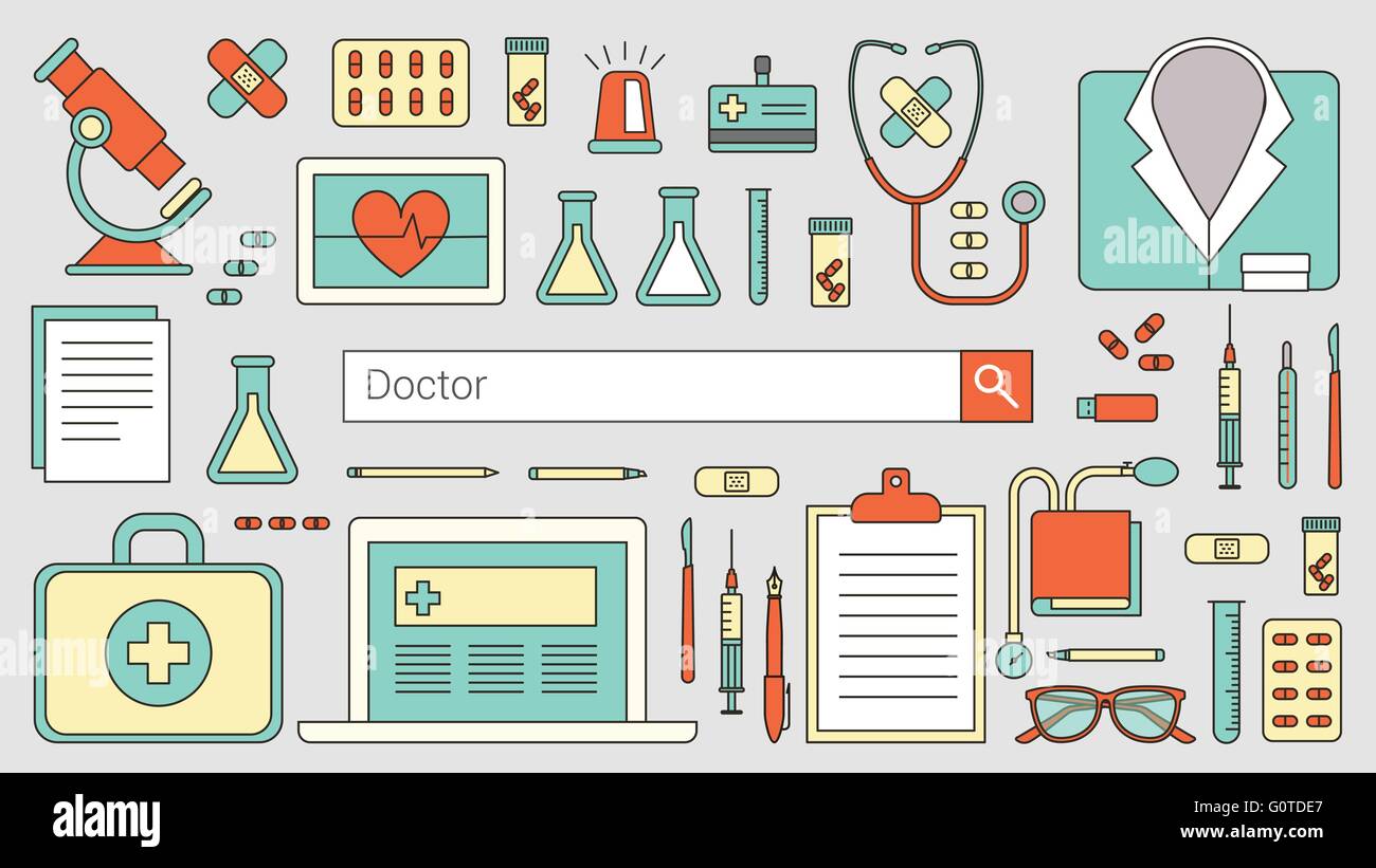 Professional medico e sanitario banner con barra di ricerca, linea sottile oggetti e attrezzature mediche su un computer desktop Illustrazione Vettoriale