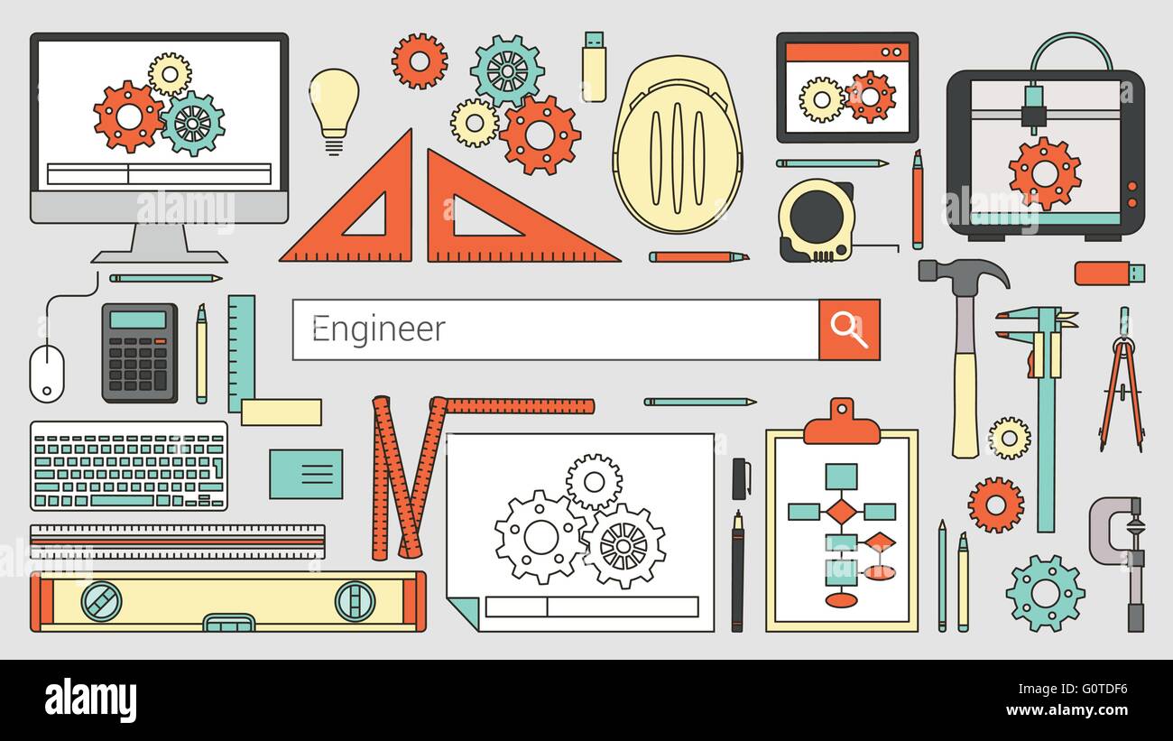 Ingegnere meccanico banner con barra di ricerca, linea sottile di oggetti e strumenti di lavoro su un computer desktop Illustrazione Vettoriale