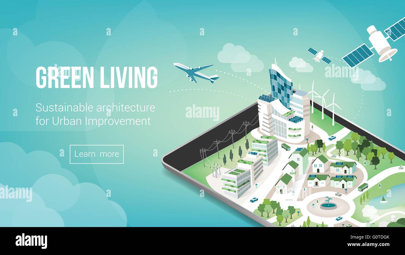 Città verde e architettura sostenibile banner con 3d metropoli sul touch screen tablet o smart phone Illustrazione Vettoriale