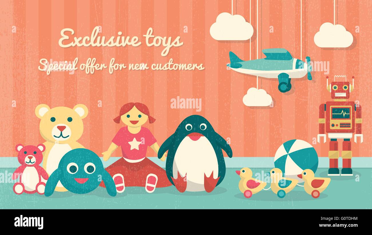 Carino vintage toys sul pavimento e piano appeso, bambini vendita prodotti di banner Illustrazione Vettoriale