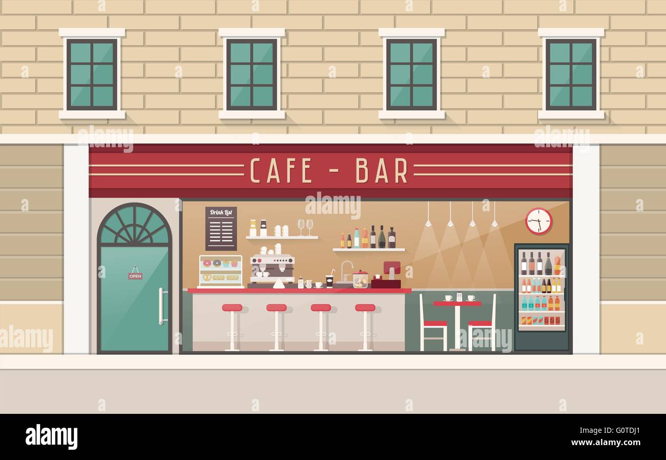 Caffetteria e snack bar vista interna con contatore, sgabelli, tavolo e freezer Illustrazione Vettoriale