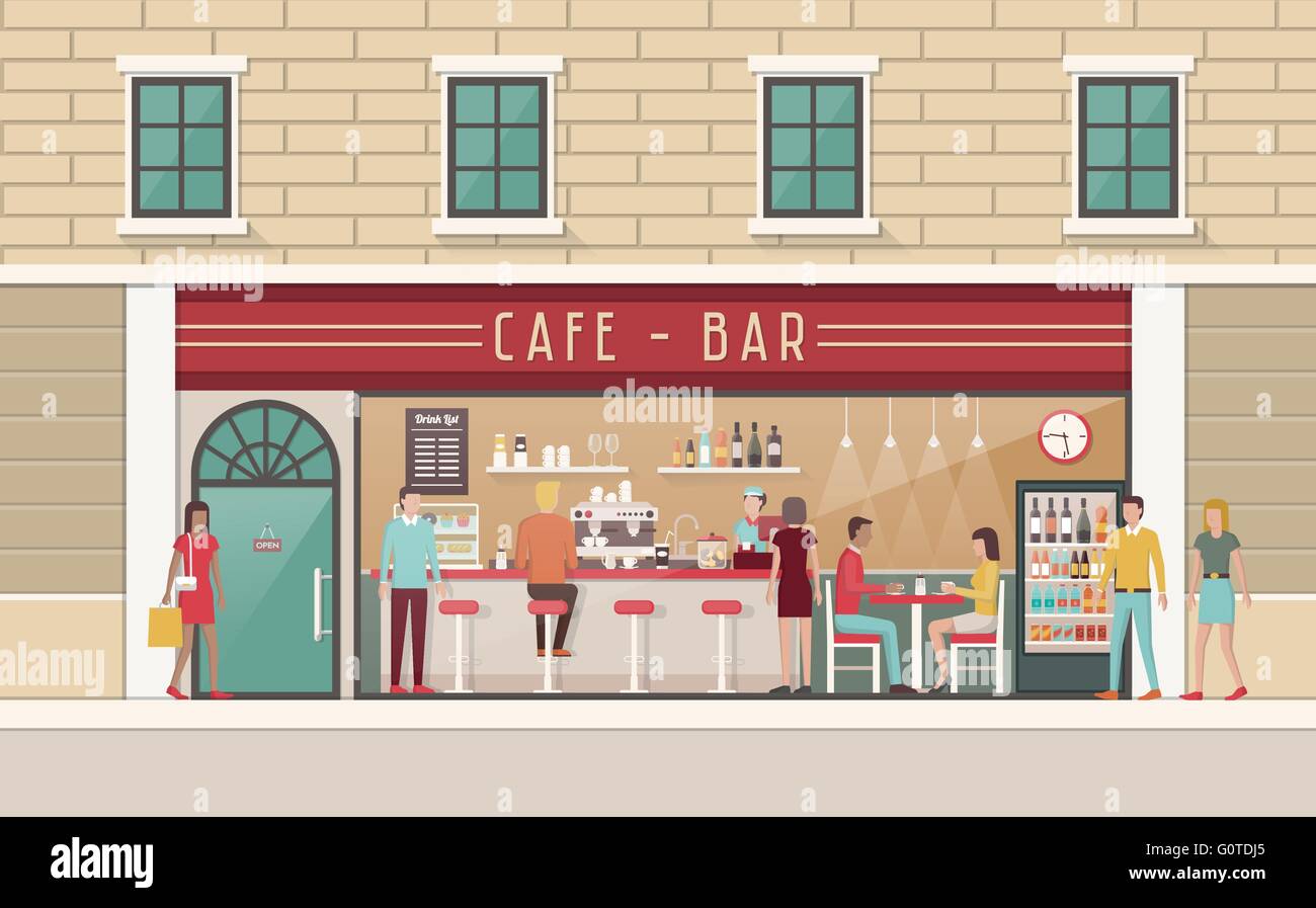 Caffetteria e snack bar vista interna con contatore, sgabelli, tabella, il cliente e il barman Illustrazione Vettoriale