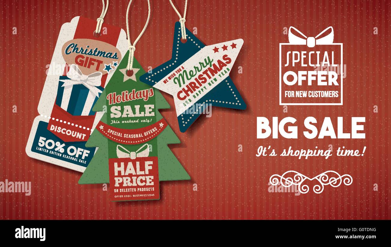 Chiristmas grande vendita shopping banner con tag su carta rossa sullo sfondo Illustrazione Vettoriale