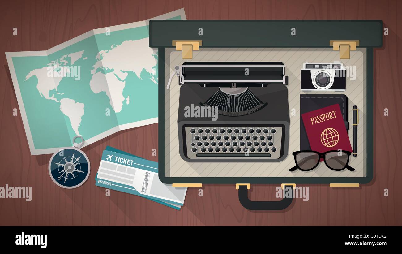 Giornalista e scrittore vintage valigia aperta con una macchina da scrivere, fotocamera, passaporto mappa del mondo, biglietti aerei e bussola, vista dall'alto Illustrazione Vettoriale