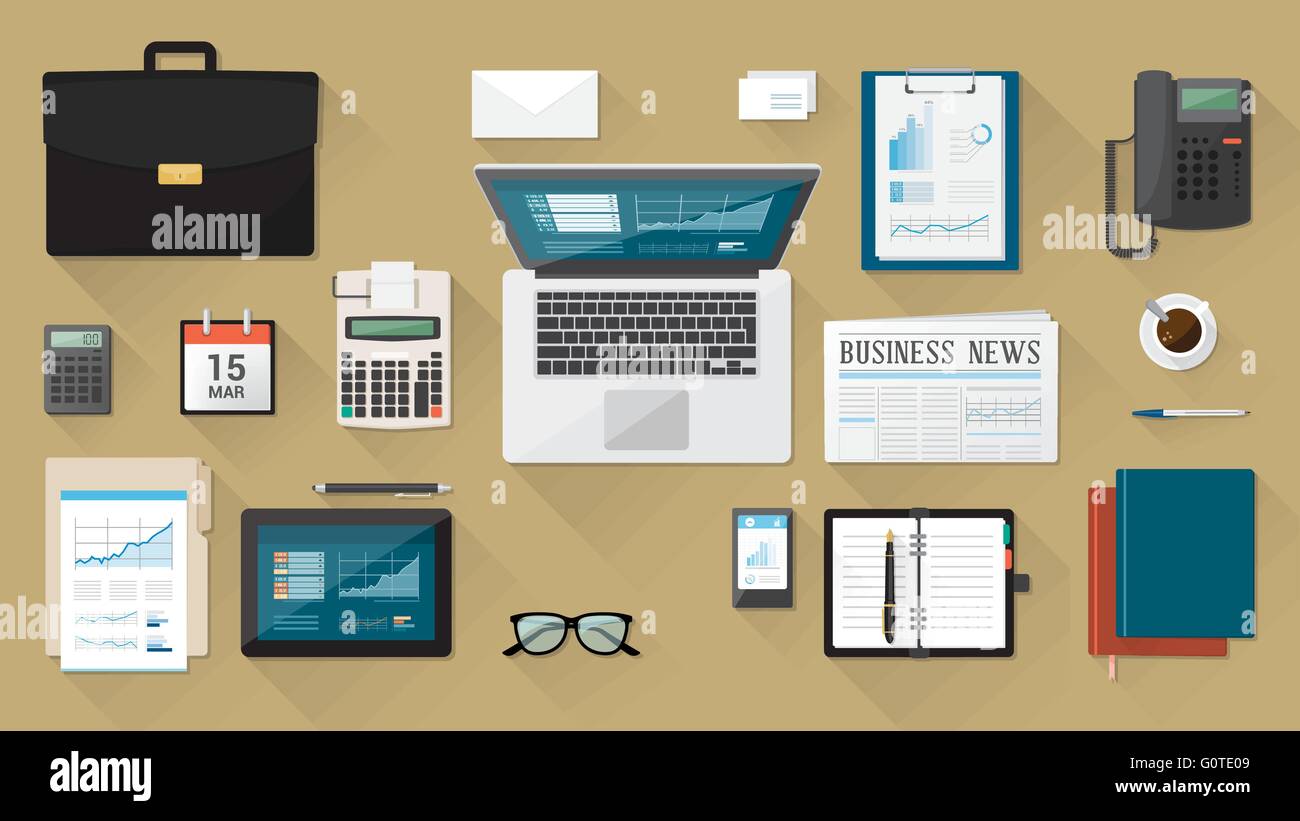Imprenditore il desk con laptop, tablet smartphone e articoli di cancelleria Illustrazione Vettoriale