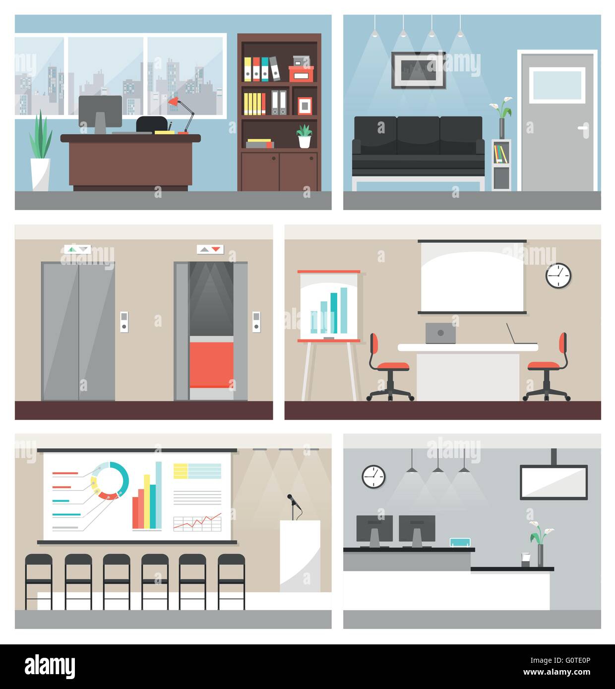 Ufficio Business Costruzione set di banner, con la sala conferenze, la reception e ascensori Illustrazione Vettoriale