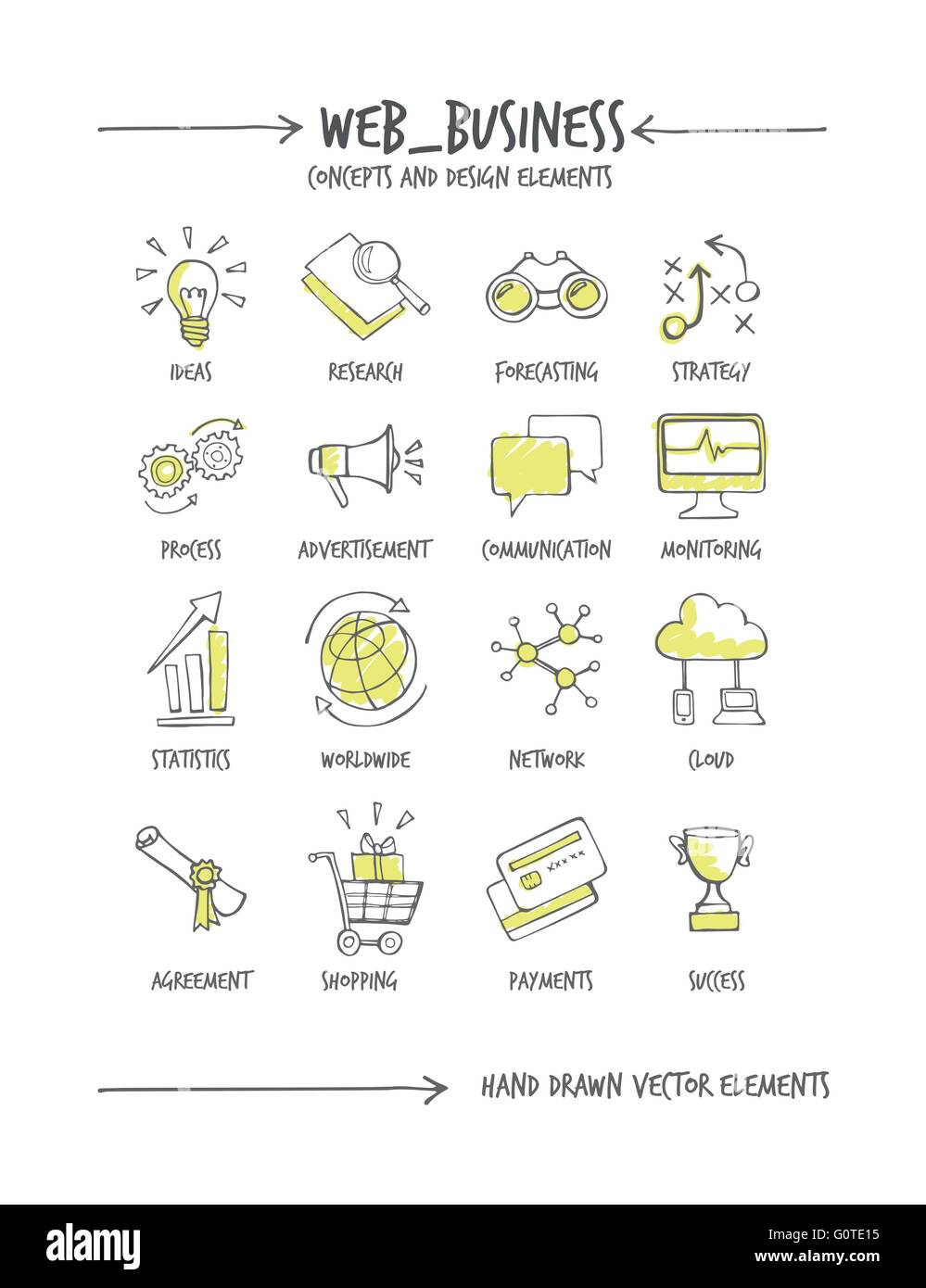 Web business disegnati a mano i concetti e le icone Illustrazione Vettoriale