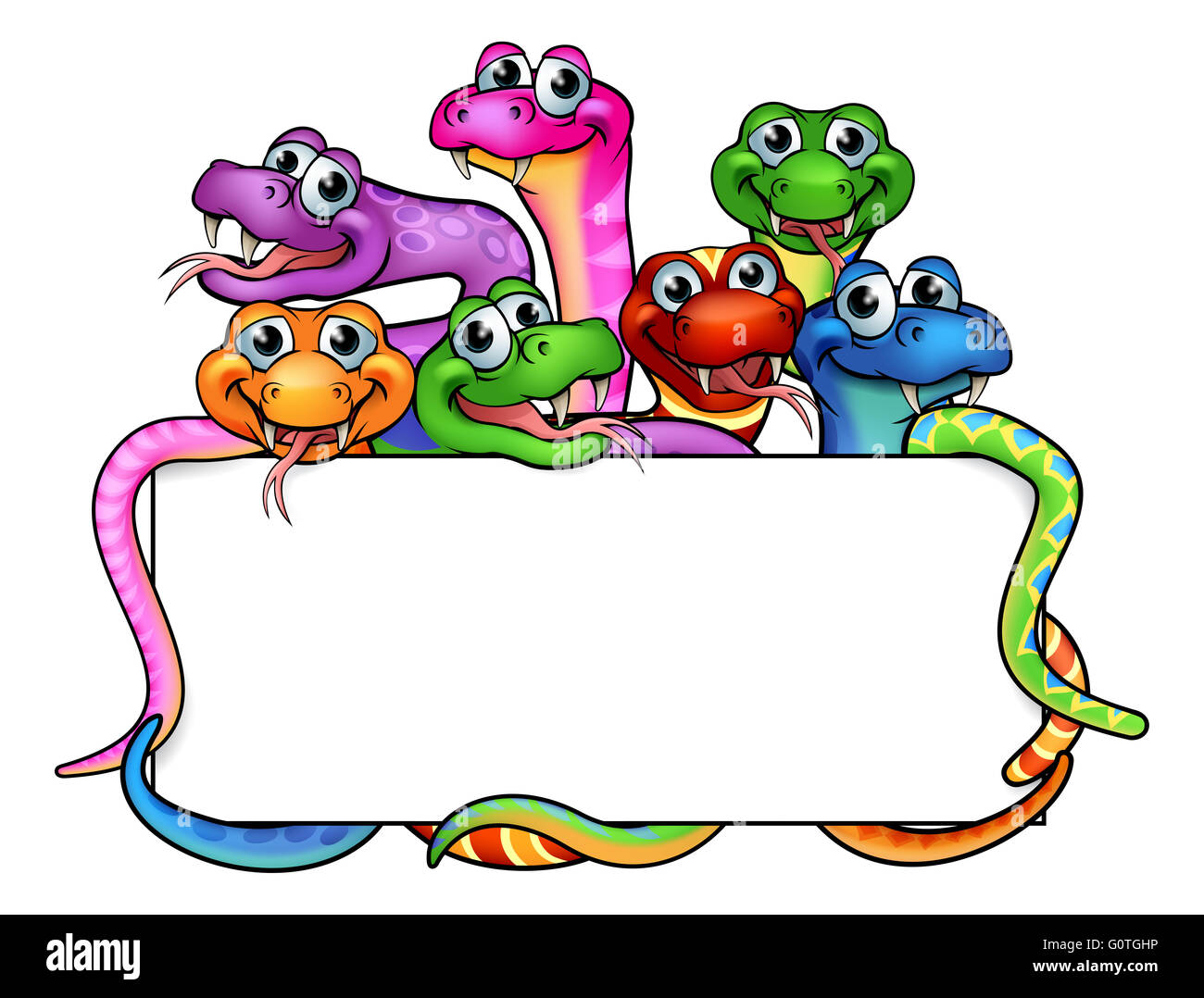 Un cartoon serpenti segno con cute di serpente amichevole caratteri Foto Stock